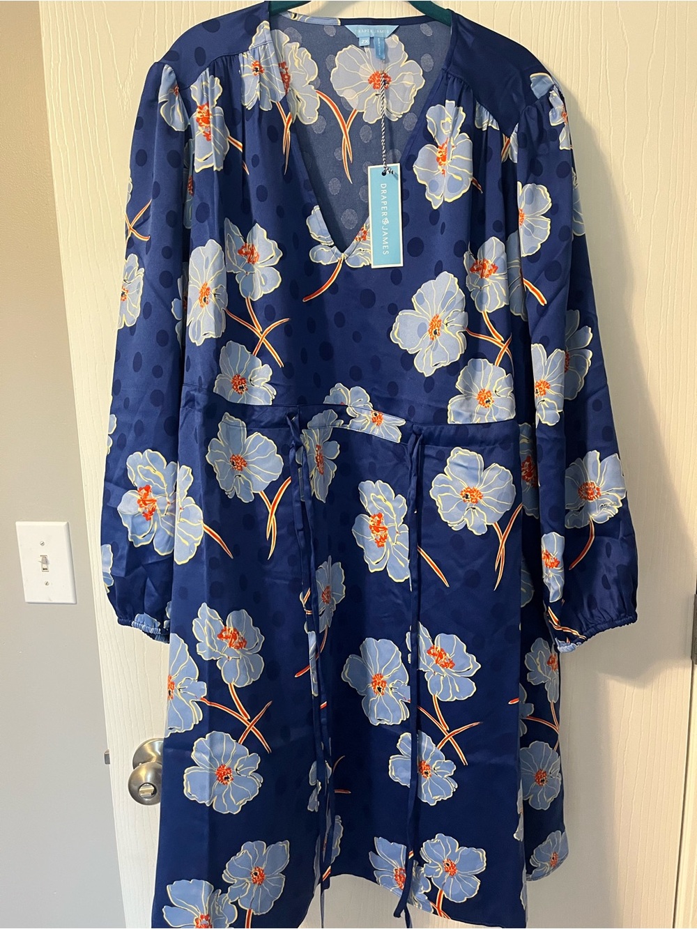 Draper James Navy Floral Mini Dress with Light Blue Blooms and Orange Accents
